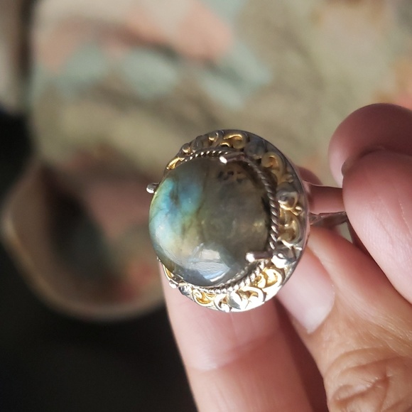BIG LABADORITE STERLING OVER STAINLESS STEEL WITH GOLD Overlay SZ 8 RING Bird - Picture 6 of 9